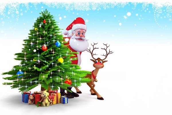 Santa Claus y Rudolph junto al árbol de Navidad