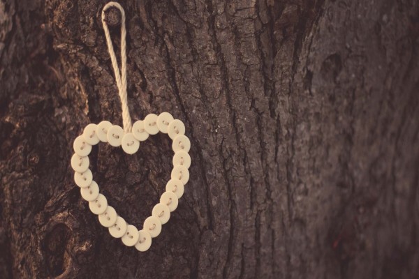 Corazón hecho con botones colgado de un árbol