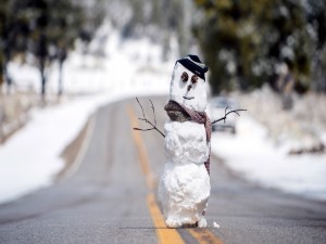 Muñeco de nieve en una carretera