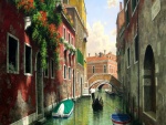 Pintura de un gondolero en un canal de Venecia