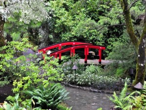 Postal: Pequeño puente rojo en un jardín