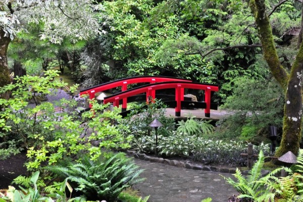 Pequeño puente rojo en un jardín