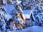 Cabañas de madera cubiertas de nieve