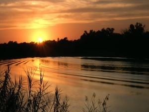 Postal: El sol del atardecer iluminando el agua