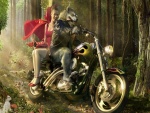 Una moderna Caperucita Roja en moto con el lobo