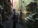 Agentes de policía en una ciudad futurista