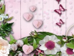 Fondo rosa con flores y mariposas