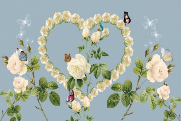 Mariposas revoloteando sobre un corazón de rosas blancas