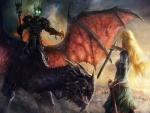Dragón y un ser oscuro luchando con una guerrera