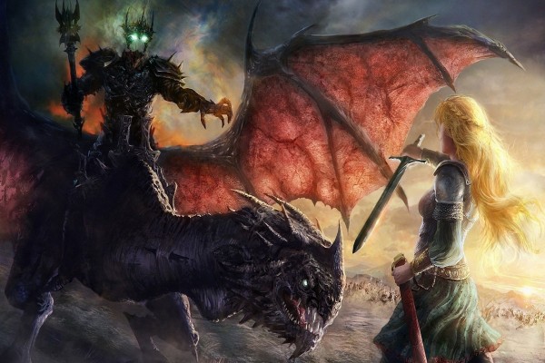 Dragón y un ser oscuro luchando con una guerrera