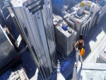 Mujer en lo alto de un edificio de una ciudad futurista