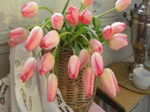 Postal: Tulipanes de color rosa en una cesta