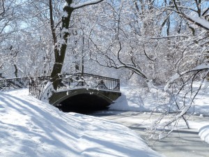 Puente cubierto de nieve sobre un río helado