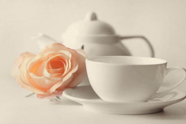 Rosa junto a una taza de té