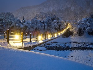Postal: Puente iluminado en una noche de nieve
