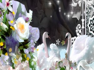 Romántica imagen con cisnes y flores