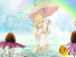 Un tierno angelito bajo la lluvia