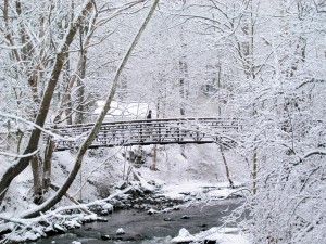 Caminando por un puente cubierto de nieve
