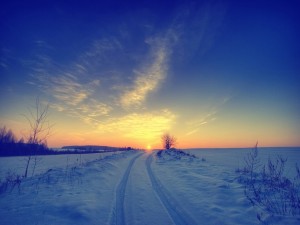 Postal: Sol en el horizonte de un paisaje nevado