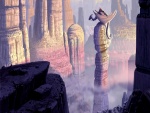 Hombre sobre un dragón posado en una columna de roca