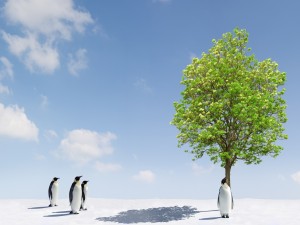 Pingüinos junto a un árbol verde
