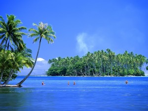 Postal: Gente disfrutando en una isla tropical