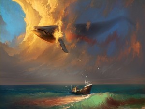 Ballena nadando en el cielo sobre un barco