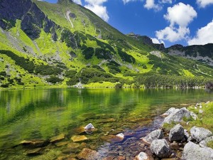 Postal: Montaña verde junto a un lago