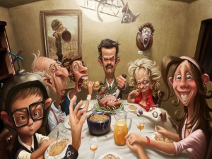 Postal: Una divertida familia cenando