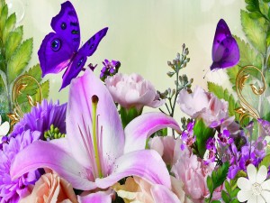 Postal: Flores y mariposas en primavera