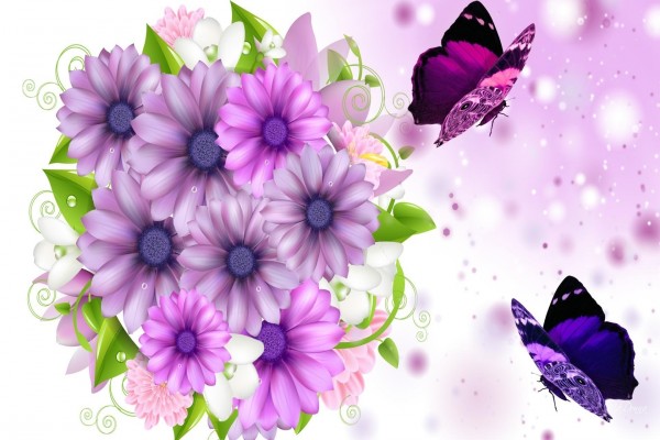 Flores y mariposas de color lila y púrpura