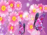 Flores rosadas y dos mariposas