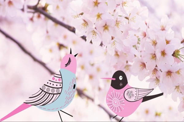 Pájaros entre flores rosas