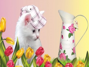 Un gatito contemplando los tulipanes