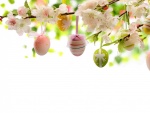 Huevos de Pascua colgados de una rama con flores