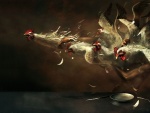 Hombre agarrando gallinas (ilustración surrealista de Ryohei Hase)