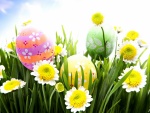 Decorativos huevos de Pascua entre la hierba y las flores