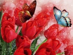 Mariposas sobre tulipanes rojos