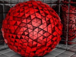 Postal: Una esfera de color rojo formada por triángulos
