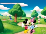 Mickey Mouse y Minnie paseando por un parque