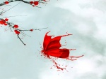 Mariposa de pintura volando cerca de una rama con flores rojas
