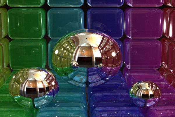 Esferas plateadas sobre cubos de colores