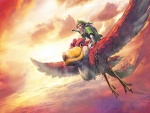 Link volando sobre un pelícano rojo (The Legend of Zelda: Skyward Sword)