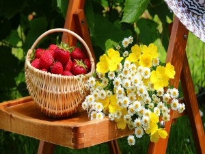 Ramo de flores y una cesta con fresas sobre una silla