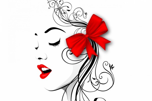 Perfil abstracto de una mujer con un moño rojo en el cabello