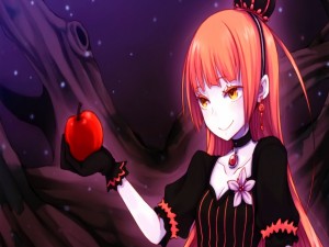Postal: Una chica anime sosteniendo una manzana roja