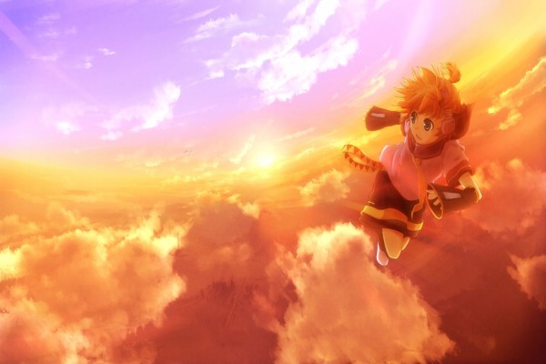 Kagamine Len volando por el cielo al atardecer