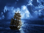 Barco en el mar en una noche de tormenta