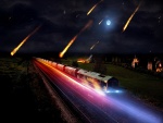 Lluvia de meteoros cayendo junto a un tren en marcha