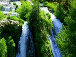 Río cayendo en cascada entre árboles verdes